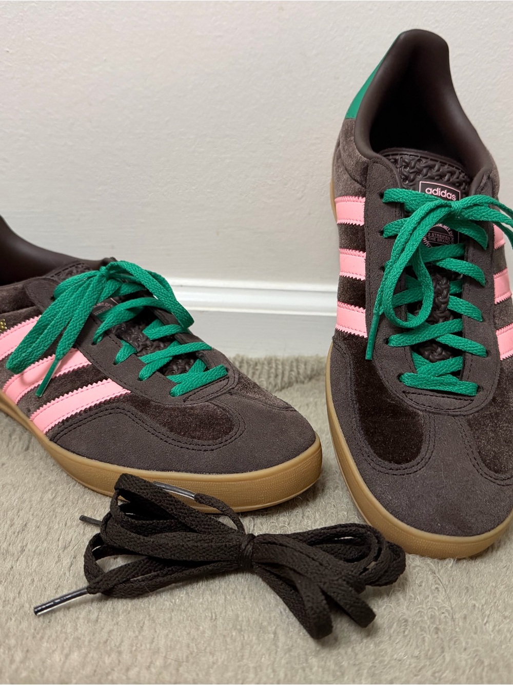 Adidas Women's Brown Suede and Velvet Sneakers with Pink Stripes/Green Accents - Picture 4 of 4